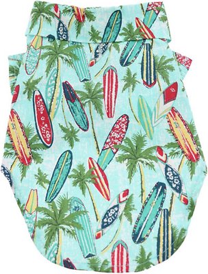 Doggie Design Hawaiian Camp Shirt for Dogs, Surfboard & Palms, Small
