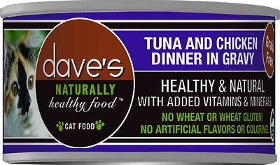 Dave's Pet Food Naturally Healthy Tuna & Chicken Dinner in Gravy Grain-Free Wet Cat Food Can, 3-oz, case of 24 (**)