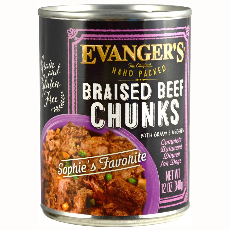 Evanger's Hand Packed Braised Beef Chunks with Gravy Wet Dog Food Can, 12-oz, case of 12 (**)