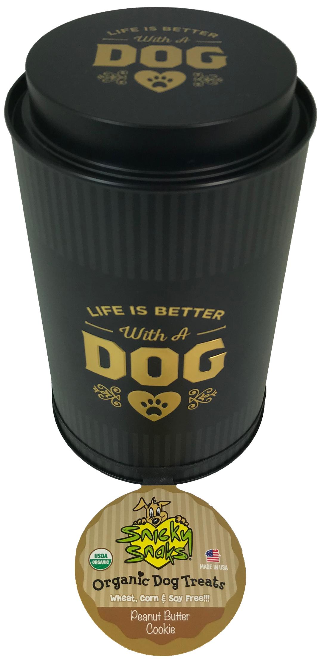 Snicky Snaks USDA Certified Organic Peanut Butter Cookie Dog Treats in Decorative Tin