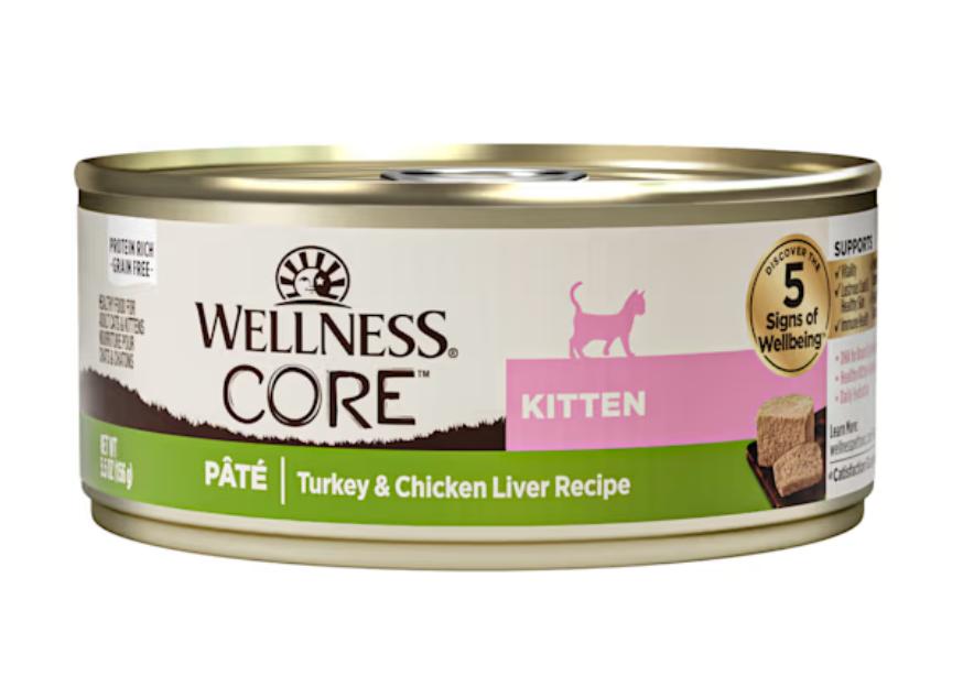 Wellness CORE Pate Turkey & Chicken Liver Natural Grain-Free Kitten Wet Cat Food Can, 5.5-oz