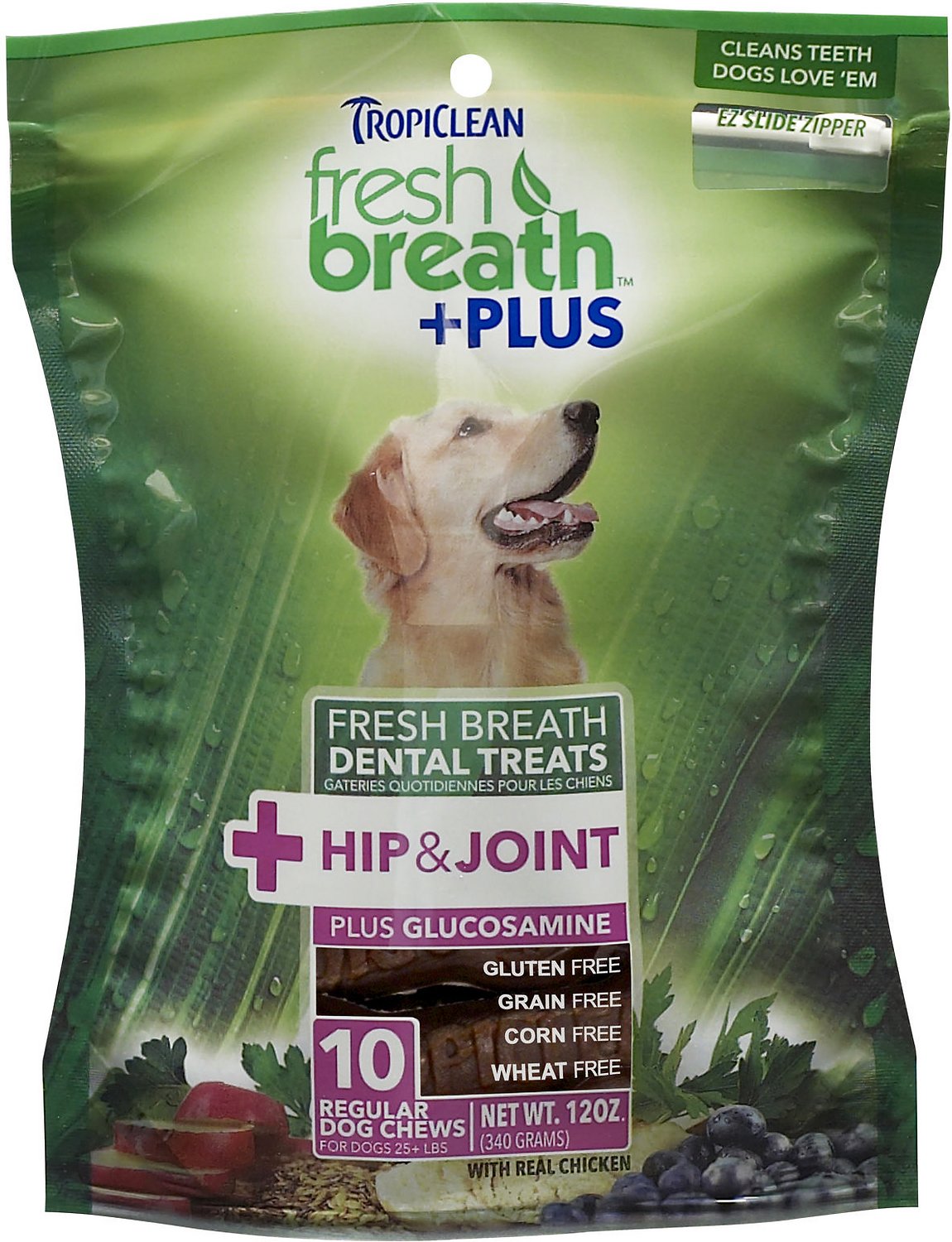 Tropiclean Fresh Breath + Plus Hip & Joint Dental Dog Treats, Regular, 10 count