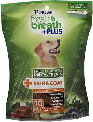 Tropiclean Fresh Breath + Plus Skin & Coat Dental Dog Treats, Regular, 10 count