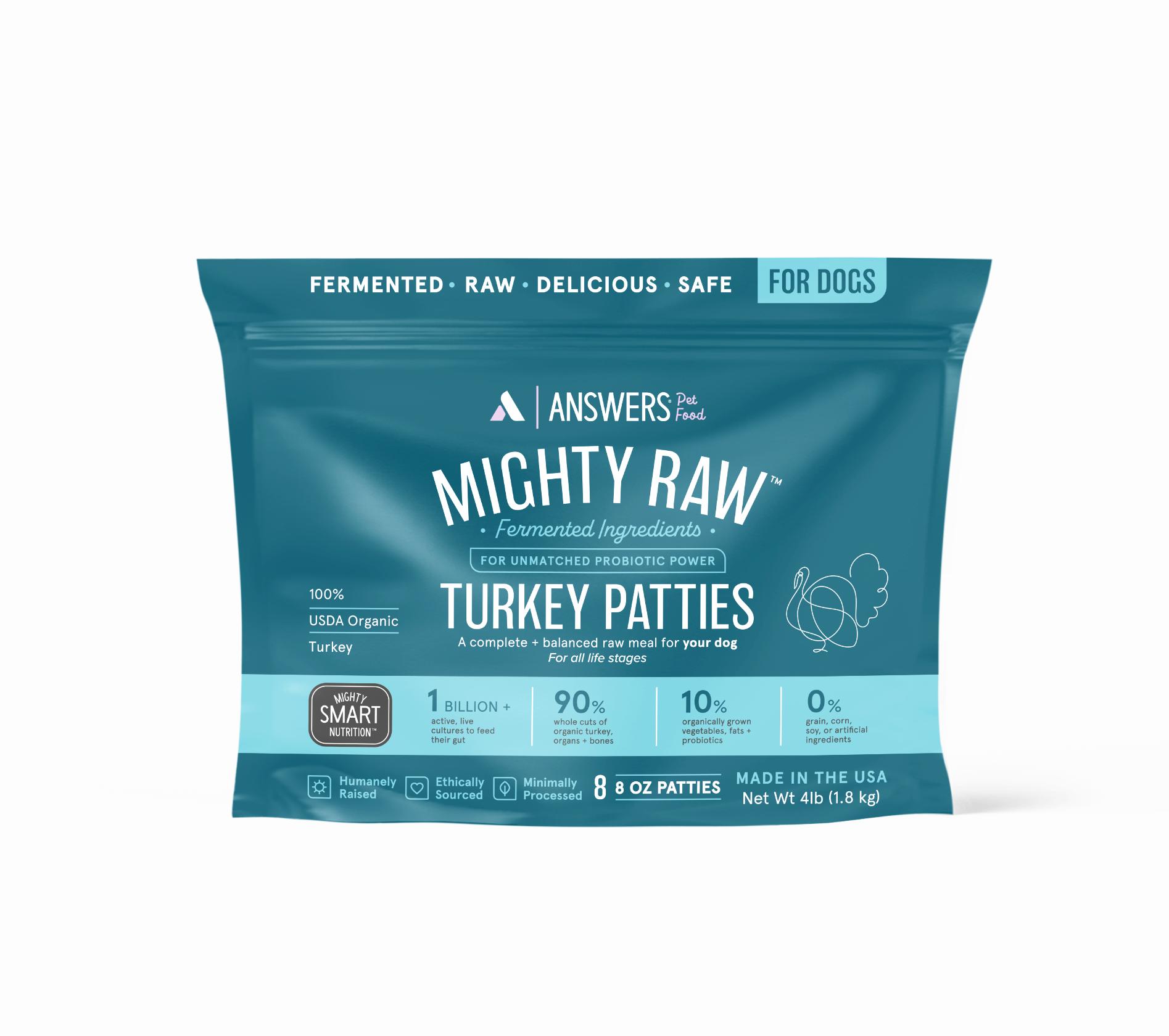 Answers Pet Food Mighty Raw Turkey Frozen Dog Food, Patties, 4-lb