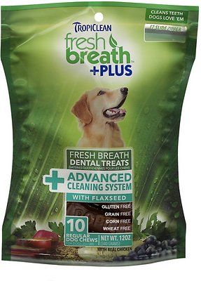 Tropiclean Fresh Breath + Plus Advanced Cleaning System Dental Dog Treats, Regular, 10 count