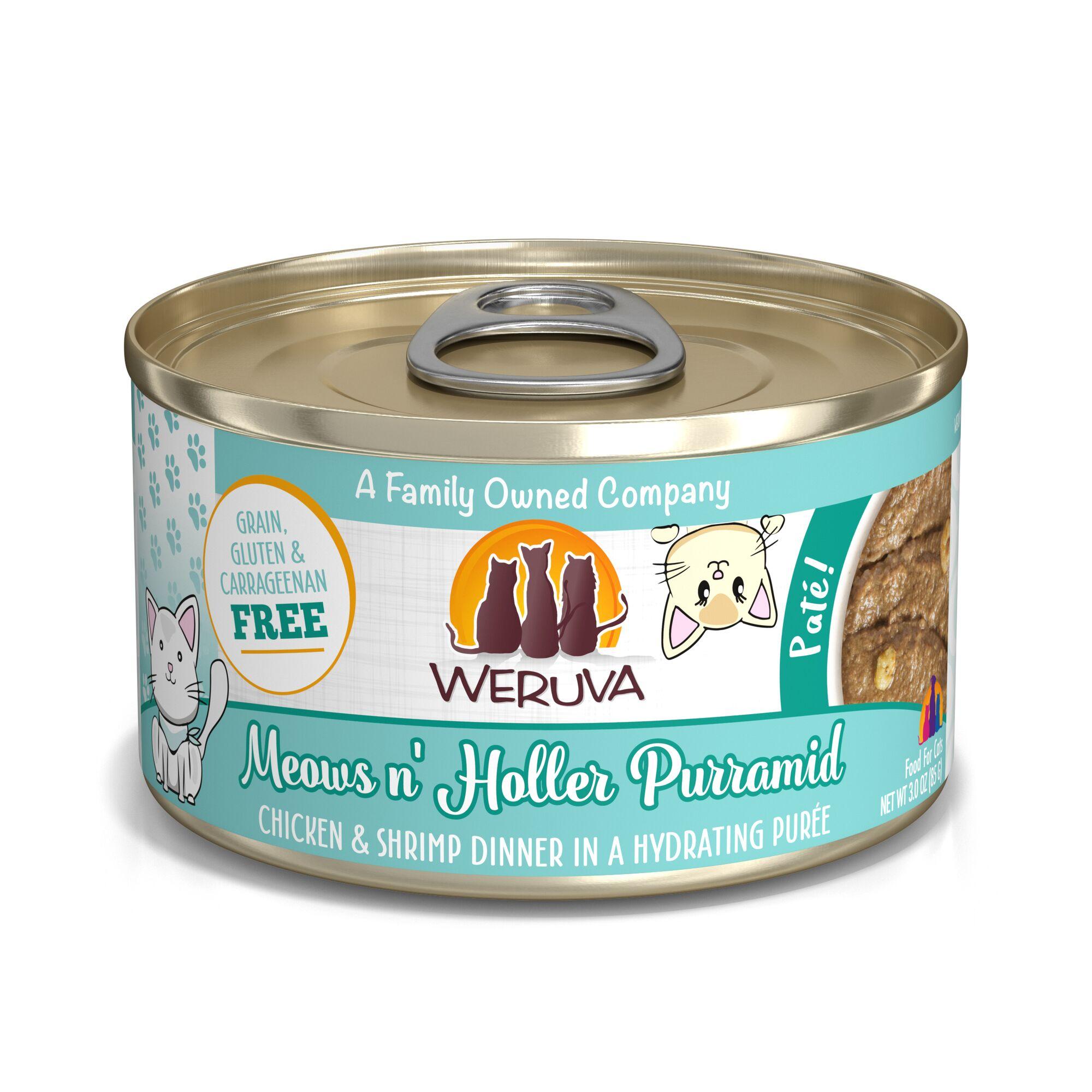 Weruva Cat Pate Meows n' Holler Purramid Chicken & Shrimp Dinner in a Hydrating Puree Wet Cat Food Can