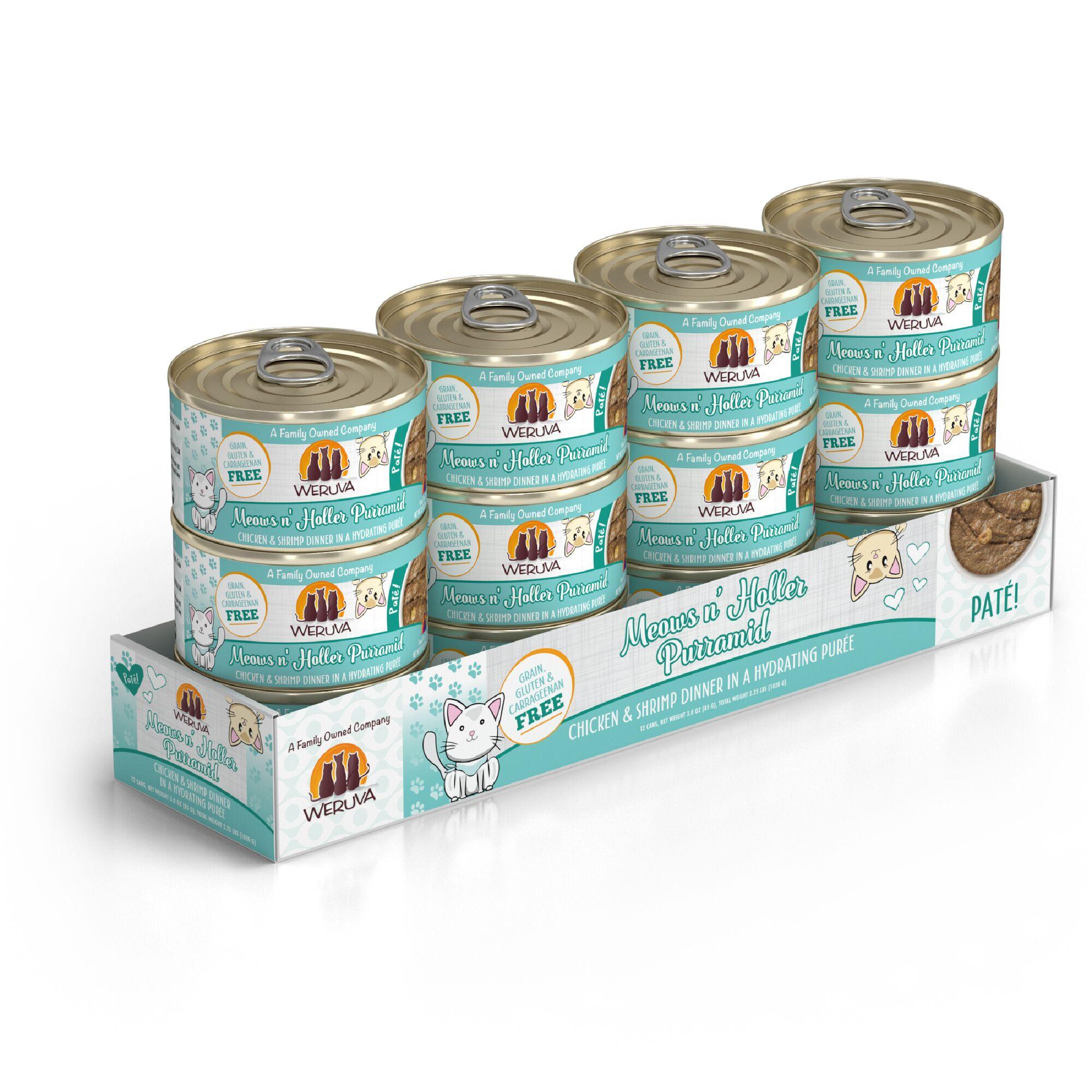 Weruva Cat Pate Meows n' Holler Purramid Chicken & Shrimp Dinner in a Hydrating Puree Wet Cat Food Can, 3-oz