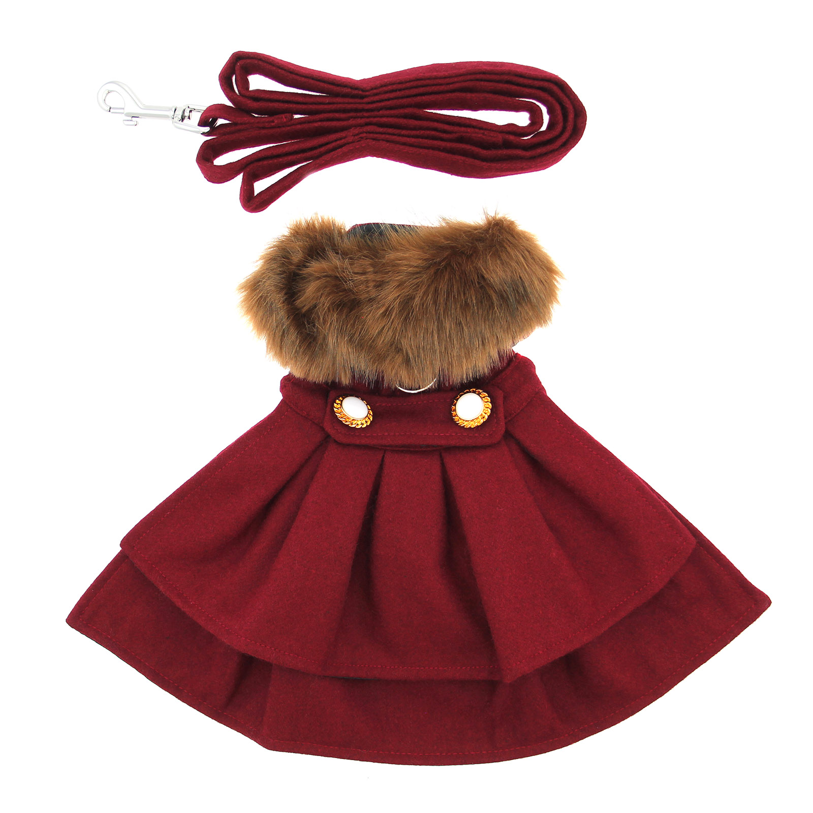 Doggie Design Designer Dog Coat Harness with Matching Leash, Burgundy Wool with Fur