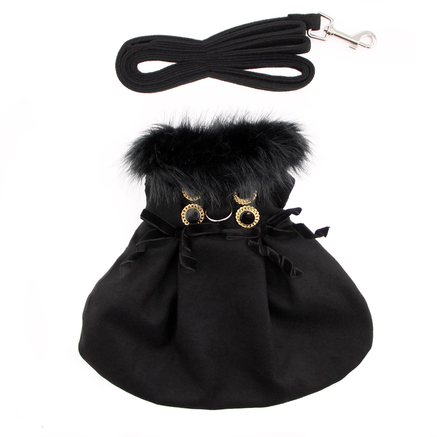 Doggie Design Designer Dog Coat Harness with Matching Leash, Black Wool with Fur