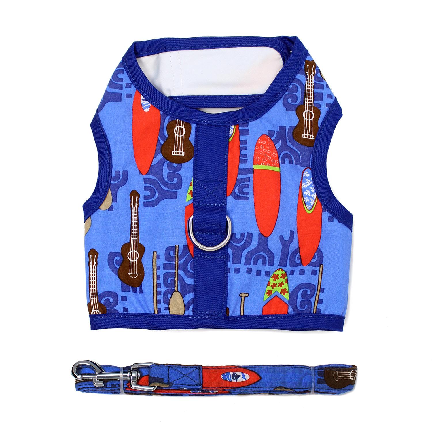 Doggie Design Fabric Dog Harness with Matching Leash, Ukuleles & Surfboards