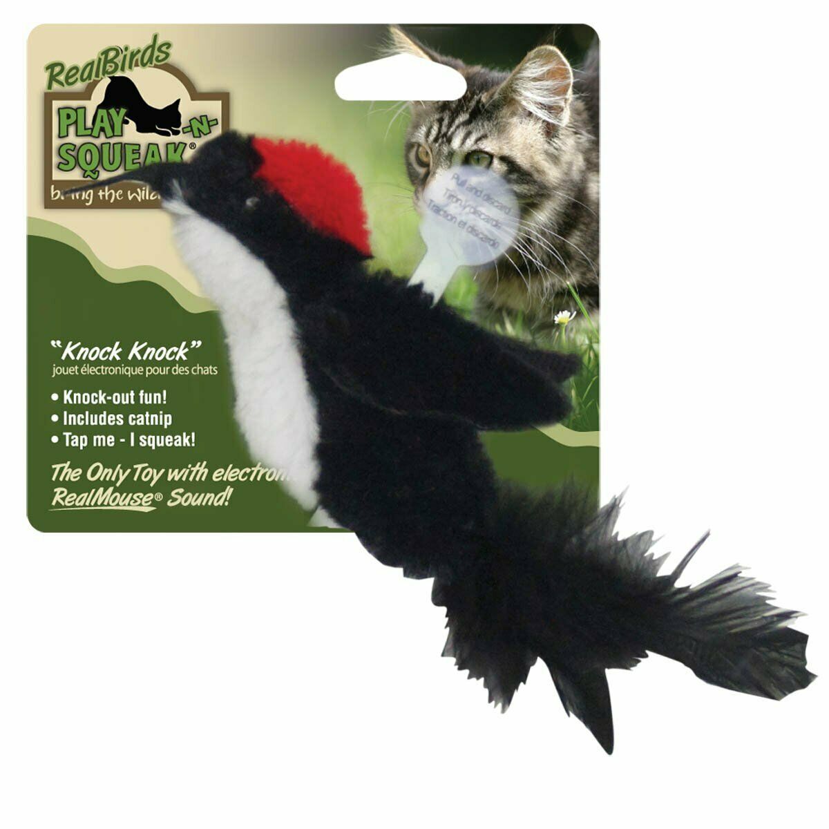 OurPets Play-N-Squeak Real Bird Knock Knock Cat Toy