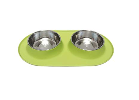 Messy Mutts Double Silicone Feeder with Stainless Bowls for Dogs, Green, Medium (**)