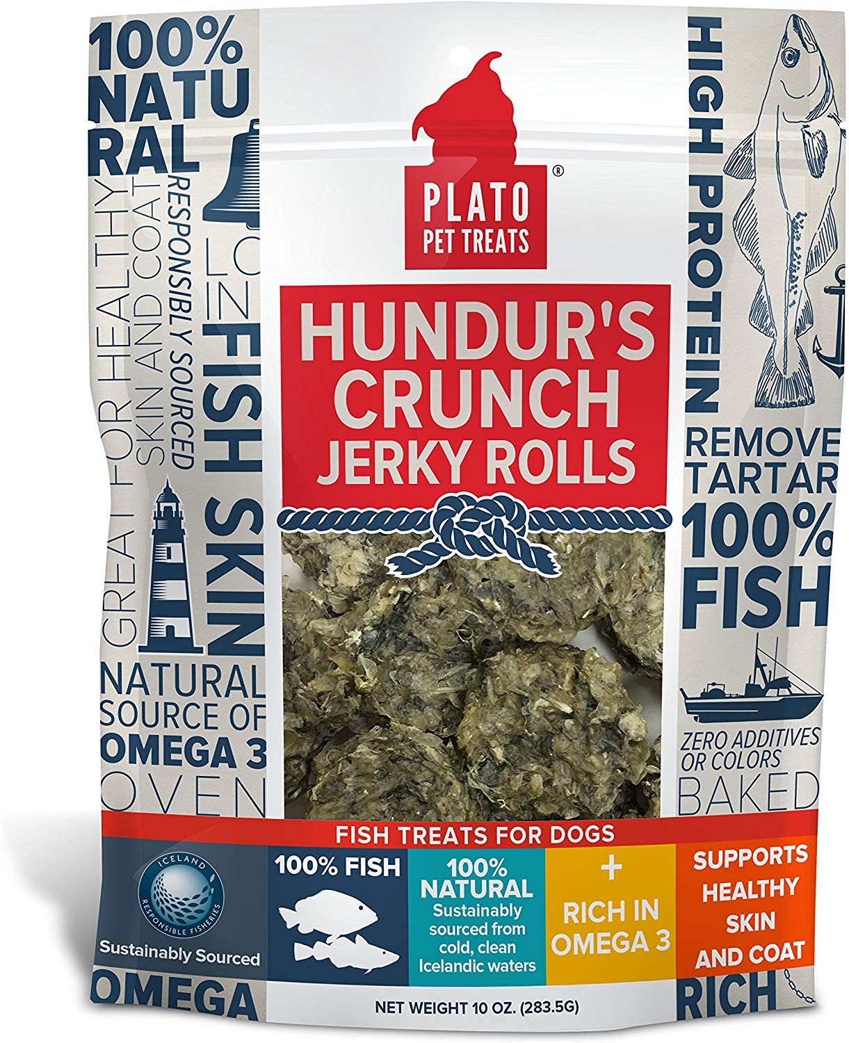Plato Hundur's Crunch Fish Jerky Rolls Dog Treats, 10-oz (**)