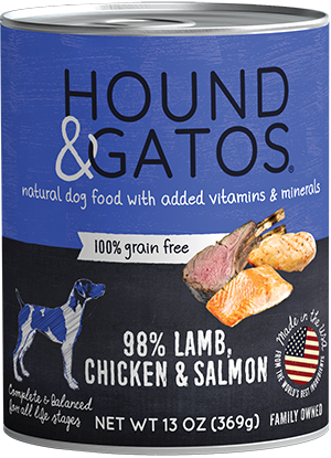 Hound & Gatos Lamb, Chicken & Salmon Formula Grain-Free Canned Dog Food, 13-oz can, case of 12 (**)