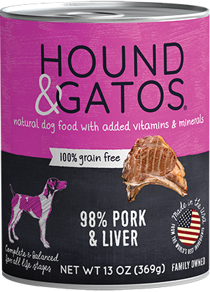 Hound & Gatos Pork Formula Grain-Free Canned Dog Food, 13-oz can, case of 12 (**)