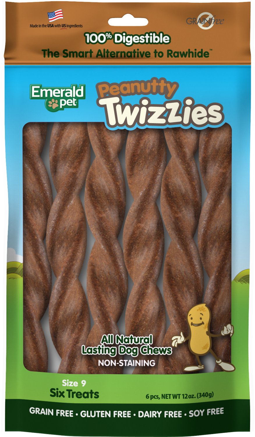 Emerald Pet Peanutty Twizzies Grain-Free Dog Treats, 6-count, 9-in (**)