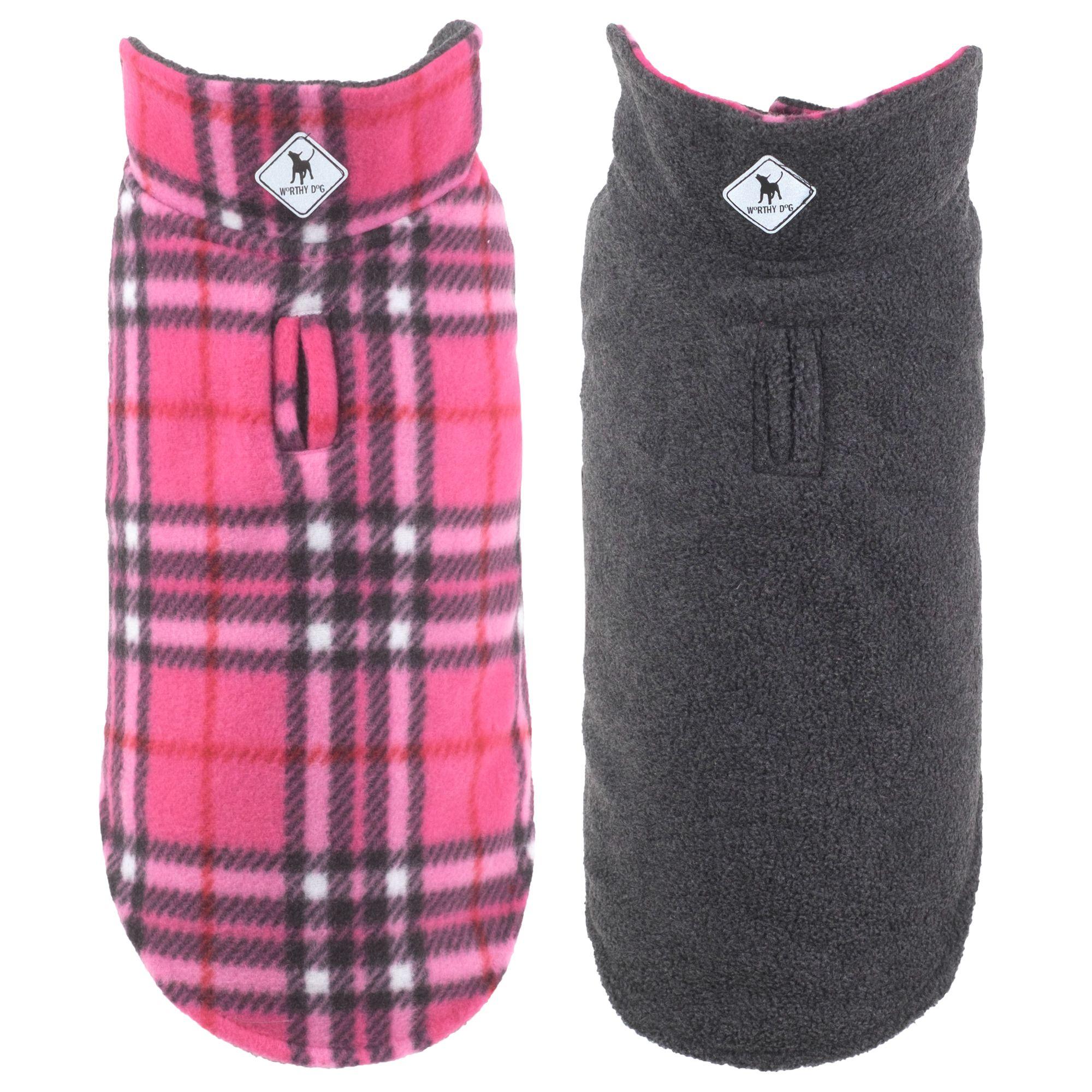 The Worthy Dog Pink Plaid IV Reversible Fargo Fleece Jacket, Pink/Gray, 22-in
