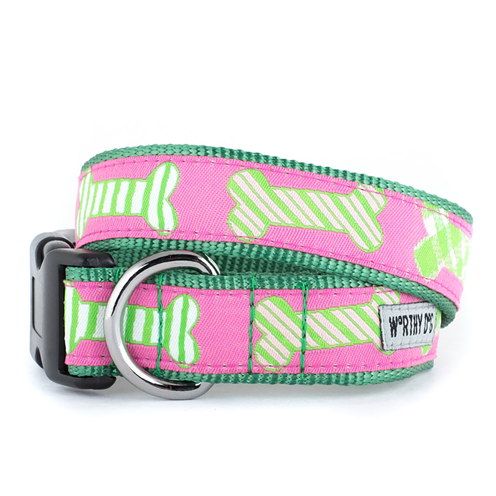 The Worthy Dog Preppy Bones Dog Collar, Pink, Medium