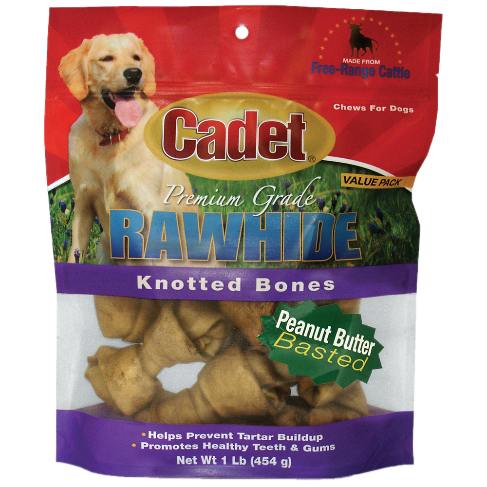 Cadet Premium Grade Knotted Rawhide Bones Peanut Butter Flavored Dog Treats, 4-5-in, 1-lb