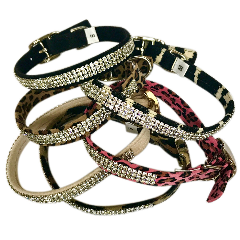 The Dog Squad Movie Star Dog Collar with 3 Row Swarovski, Pink Leopard