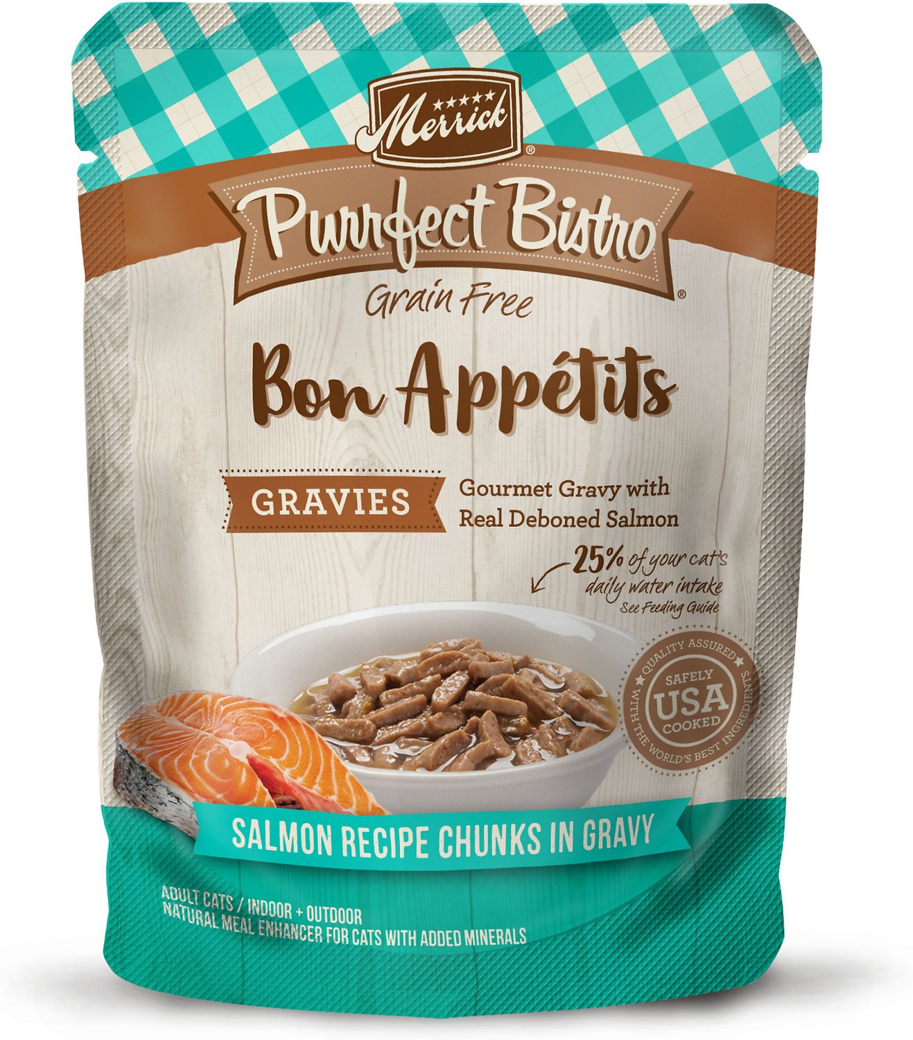 Merrick Purrfect Bistro Bon Appetits Grain-Free Salmon Recipe Chunks in Gravy Adult Cat Food Pouches, 3-oz
