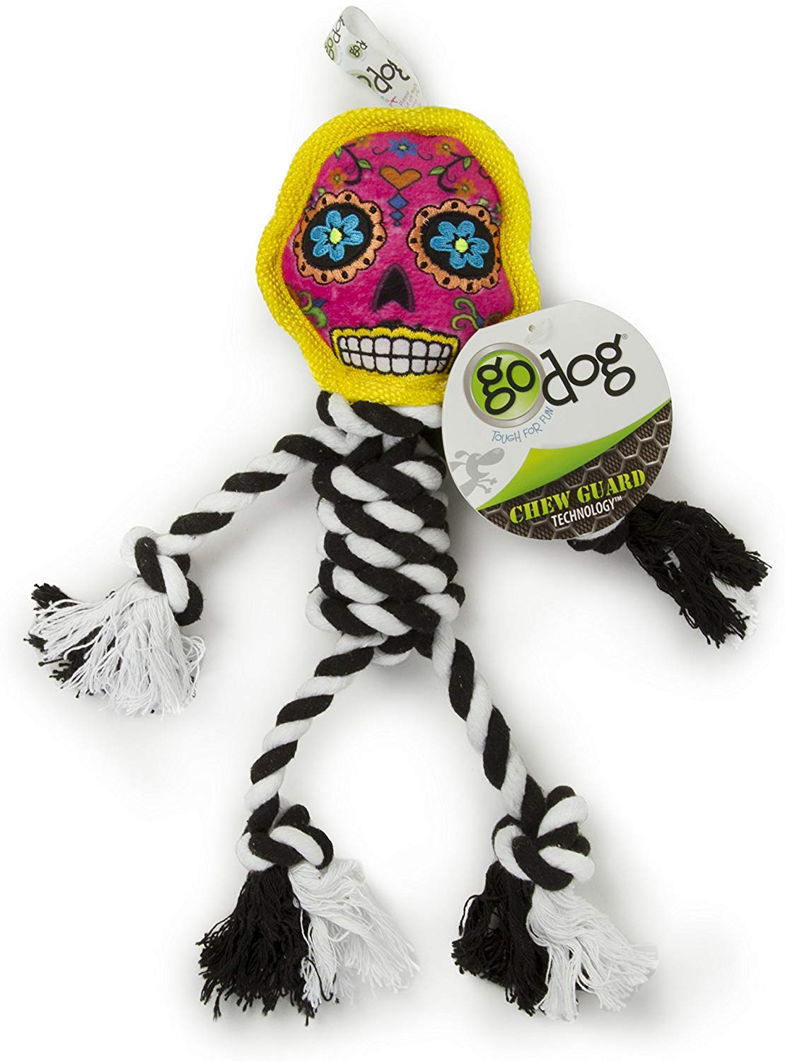 GoDog Sugar Skulls with Rope Dog Toy, Pink