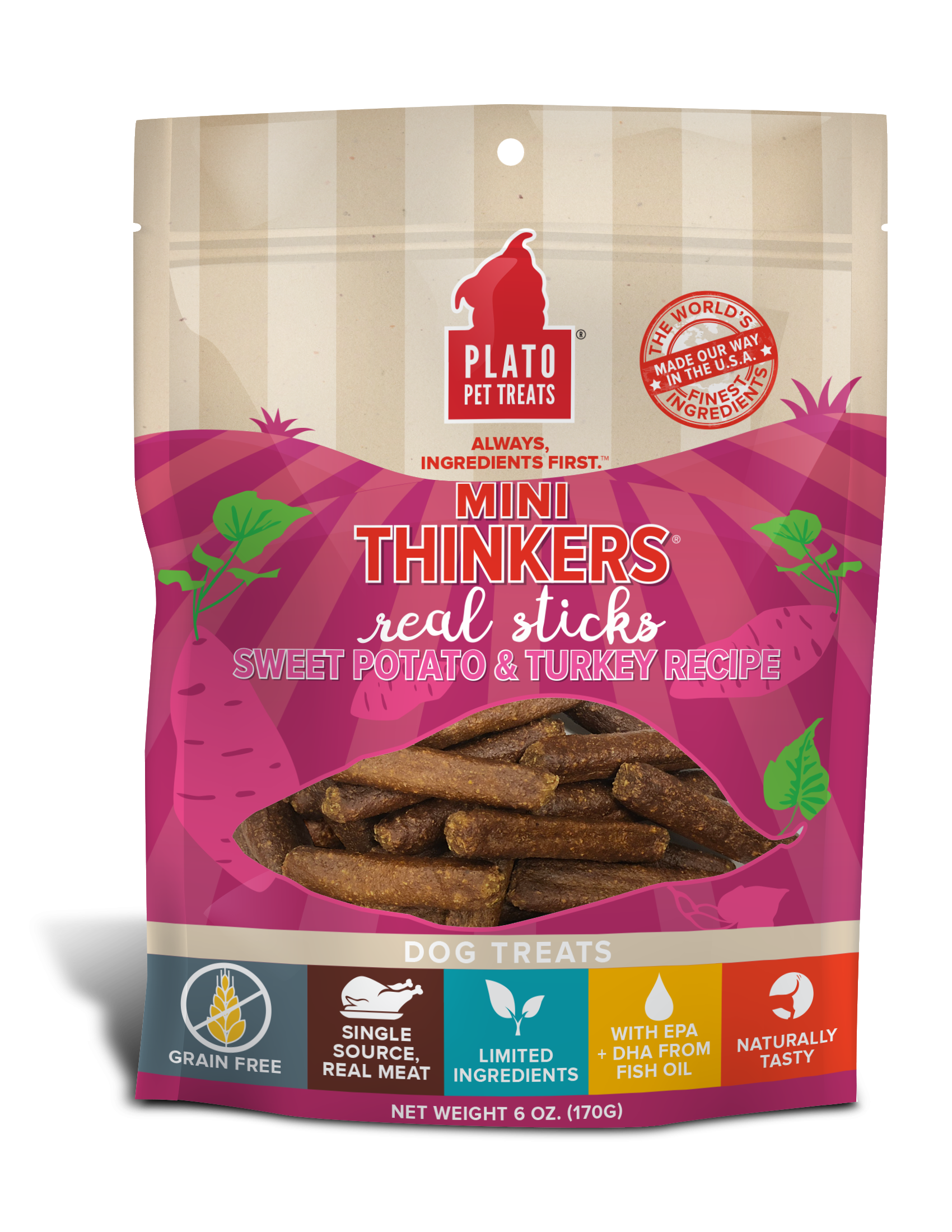 Plato Mini Thinkers Sweet Potato & Turkey Meat Stick Dog Treats, 6-oz