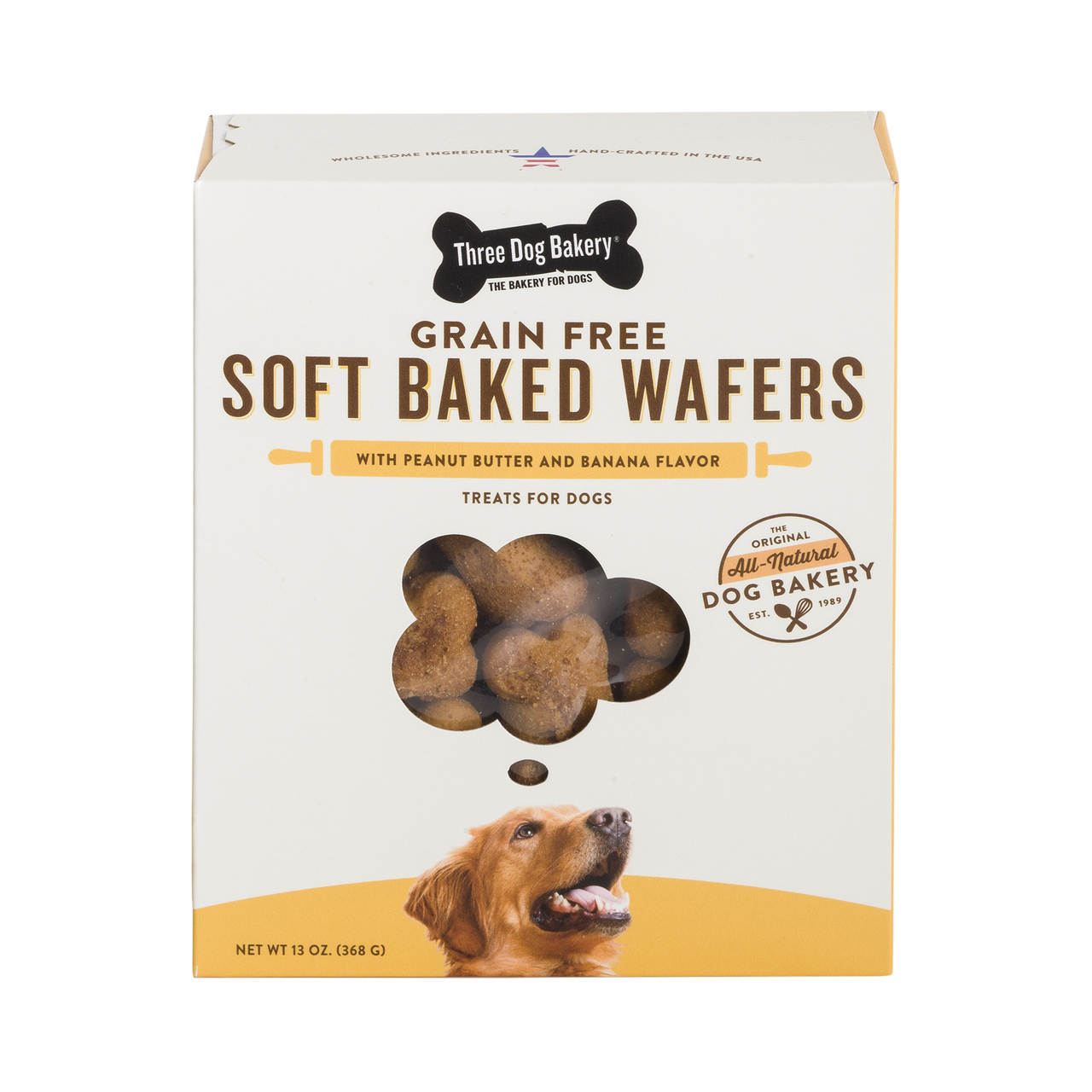 Three Dog Bakery Peanut Butter & Banana Wafers Soft-Baked Grain-Free, 13-oz