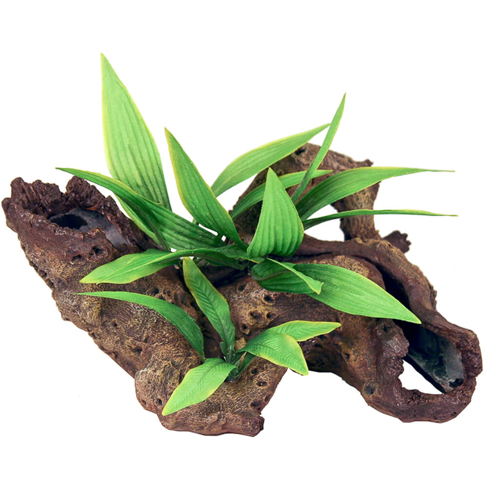 Blue Ribbon Exotic Environments Mopani Wood with Silk Style Plants Aquarium Ornaments, Small