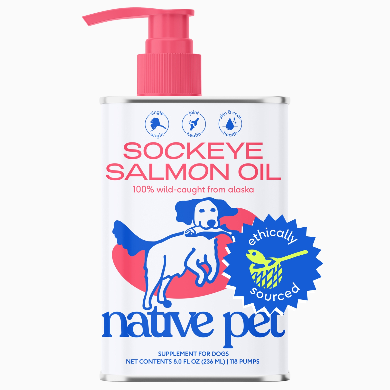 Native Pet Wild-Caught Alaskan Sockeye Salmon Oil, Skin & Coat Health, 8-oz