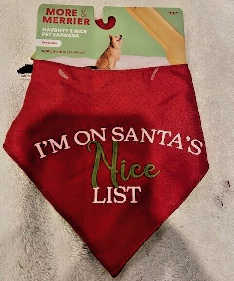 More & Merrier CHRISTMAS Dog Naughty/Nice Bandana Reversible S/M NWT