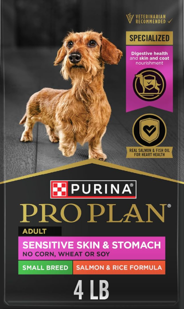 Purina Pro Plan Sensitive Skin and Stomach Dog Food Small Breed, Adult Salmon & Rice Formula - 4 lb. Bag