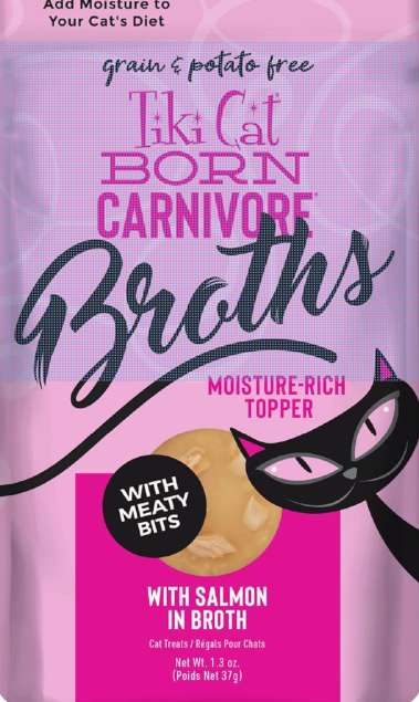 Tiki Cat Born Carnivore Broths, Salmon Recipe, Hydration and Flavor Supplement Cat Food Topper, 1.3 oz.