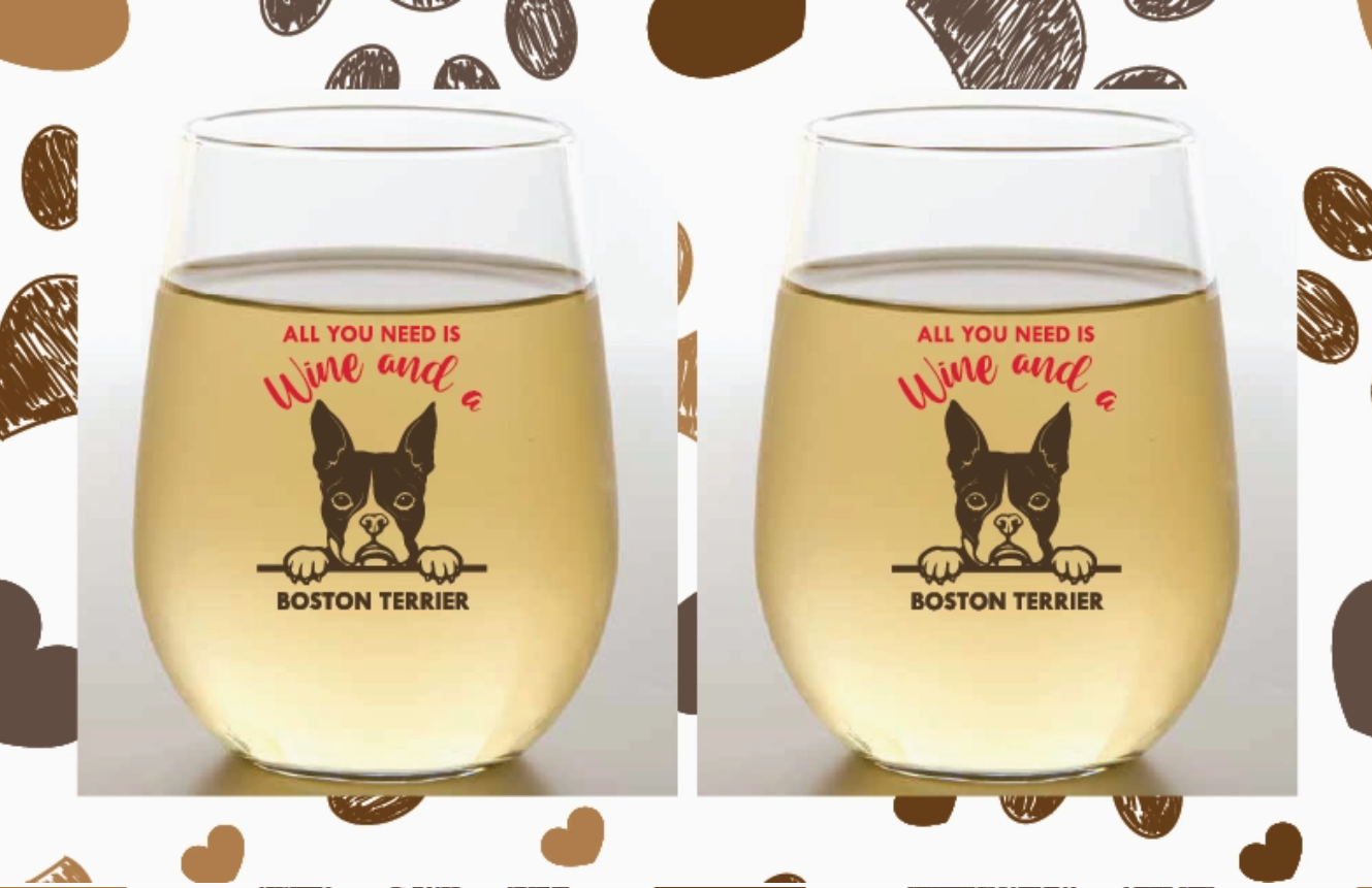 DOG BREED COLLECTION 2-Pack Shatterproof Wine Glasses, Boston Terrier