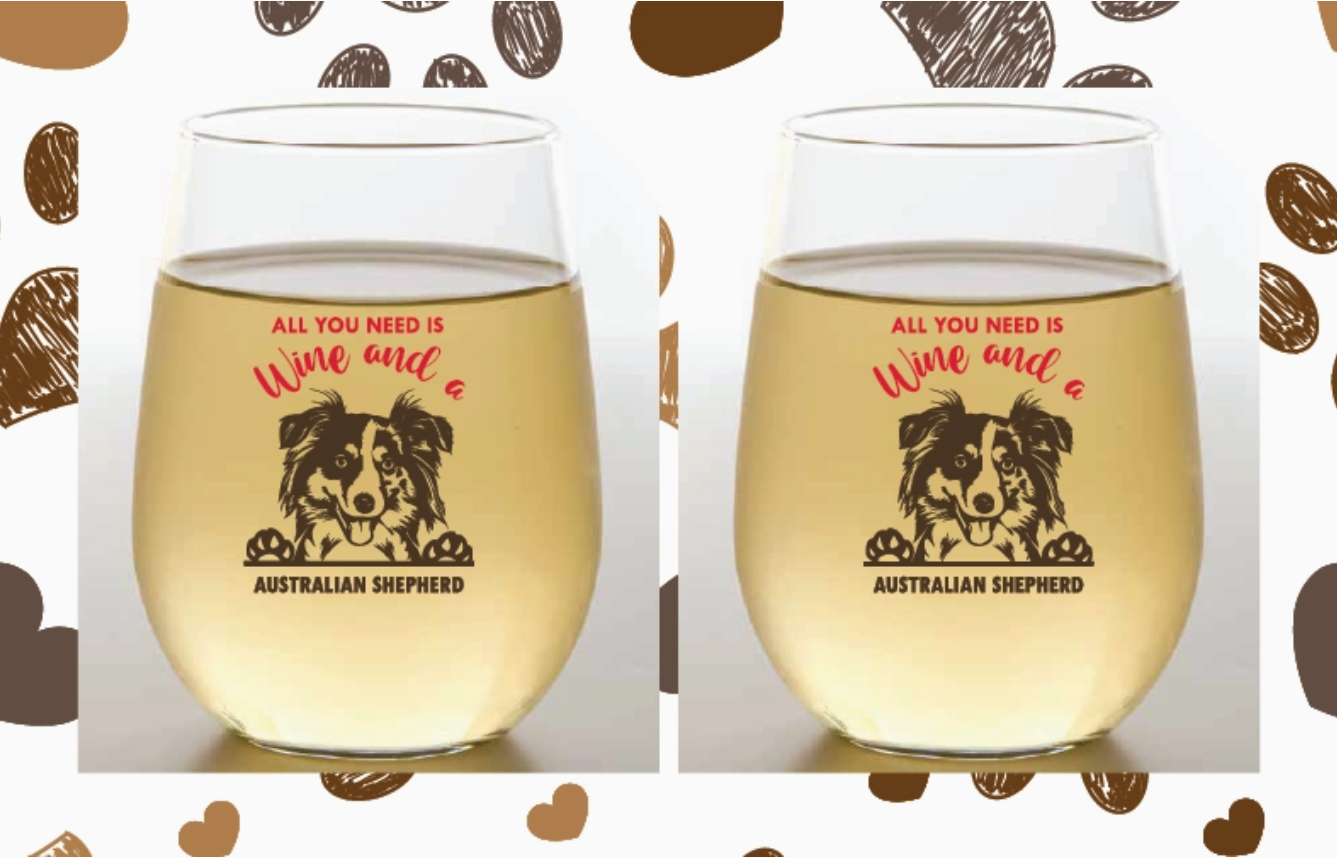 DOG BREED COLLECTION 2-Pack Shatterproof Wine Glasses, Australian Shepherd