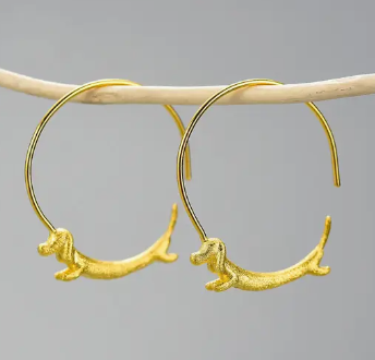 EARRINGS - Cute Gold Dachshund Dog Hoop Earrings in 925 Sterling Silver Gold
