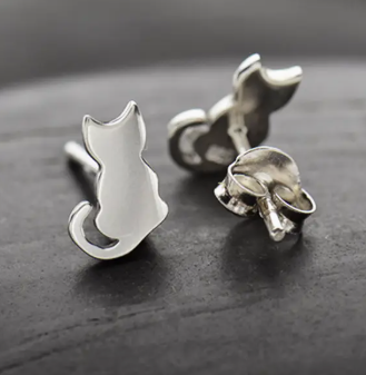 EARRINGS - Sterling Silver Tiny Cat Stud Earrings 9x6mm