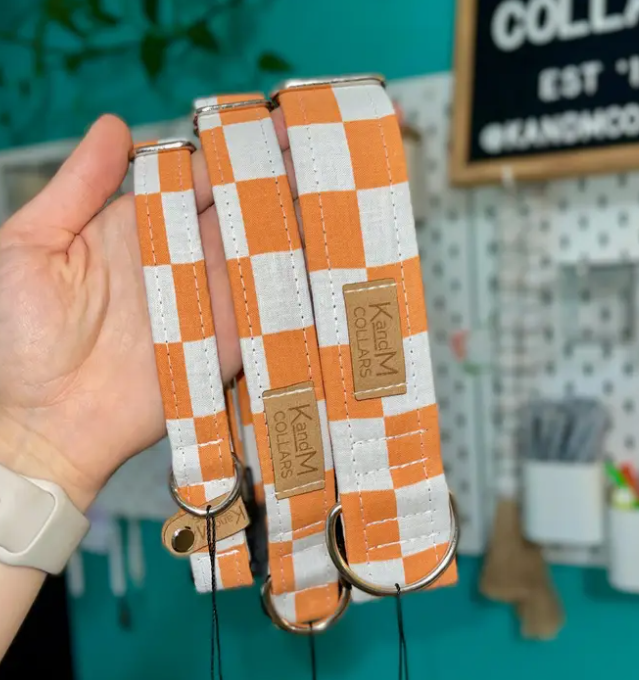 Vols Orange and White Checkered Dog Collar, Tennessee, GBO, Medium / 14-18" / 1"