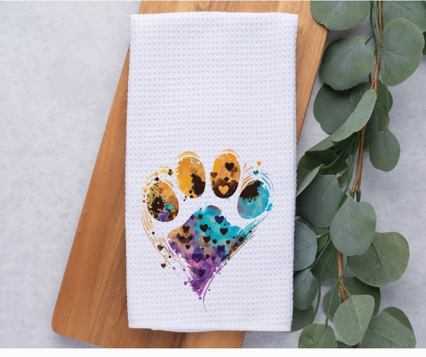 Kitchen Waffle Weave Towel, Watercolor Paw Print