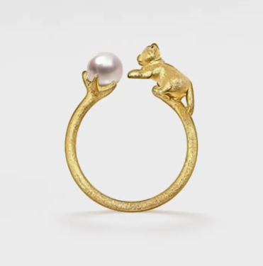 RING Gold Cat Stackable Ring. 925 Sterling Silver, Pearl