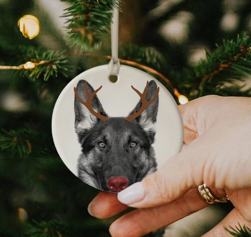 ORNAMENT: Reindeer German Shepherd Ceramic Ornament