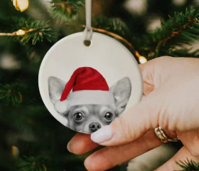 ORNAMENT: Santa Hat Chihuahua Ceramic Ornament