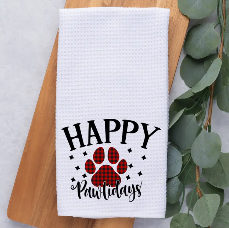 Kitchen Waffle Weave Towel, Happy Pawlidays