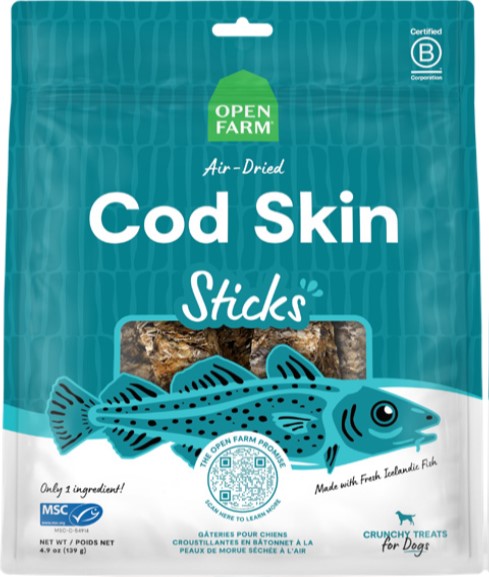 OPEN FARM DOG CRUNCHY COD SKINS AIR DRIED TREAT 4.9OZ