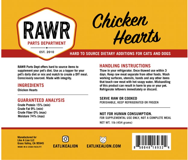 RAWR DOG CAT CHICKEN HEART FROZEN 1LB