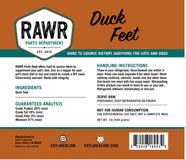 RAWR DOG CAT DUCK FEET FROZEN 1LB