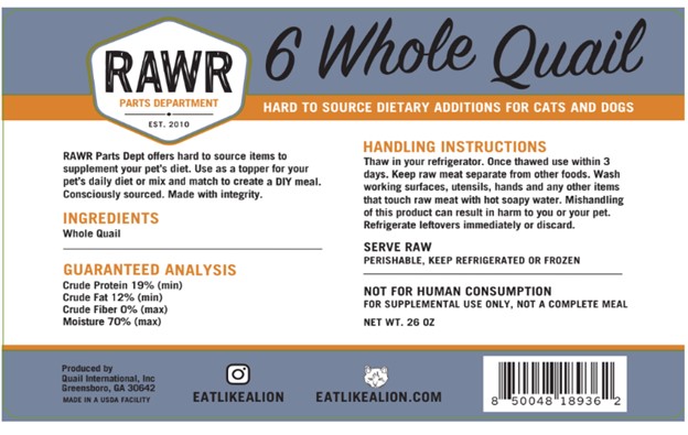 RAWR DOG CAT QUAIL FROZEN 6CT